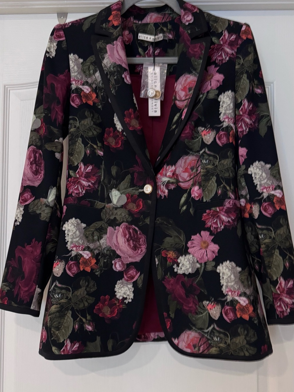 Alice + Olivia Black Blazer with Pink Rose Floral Print